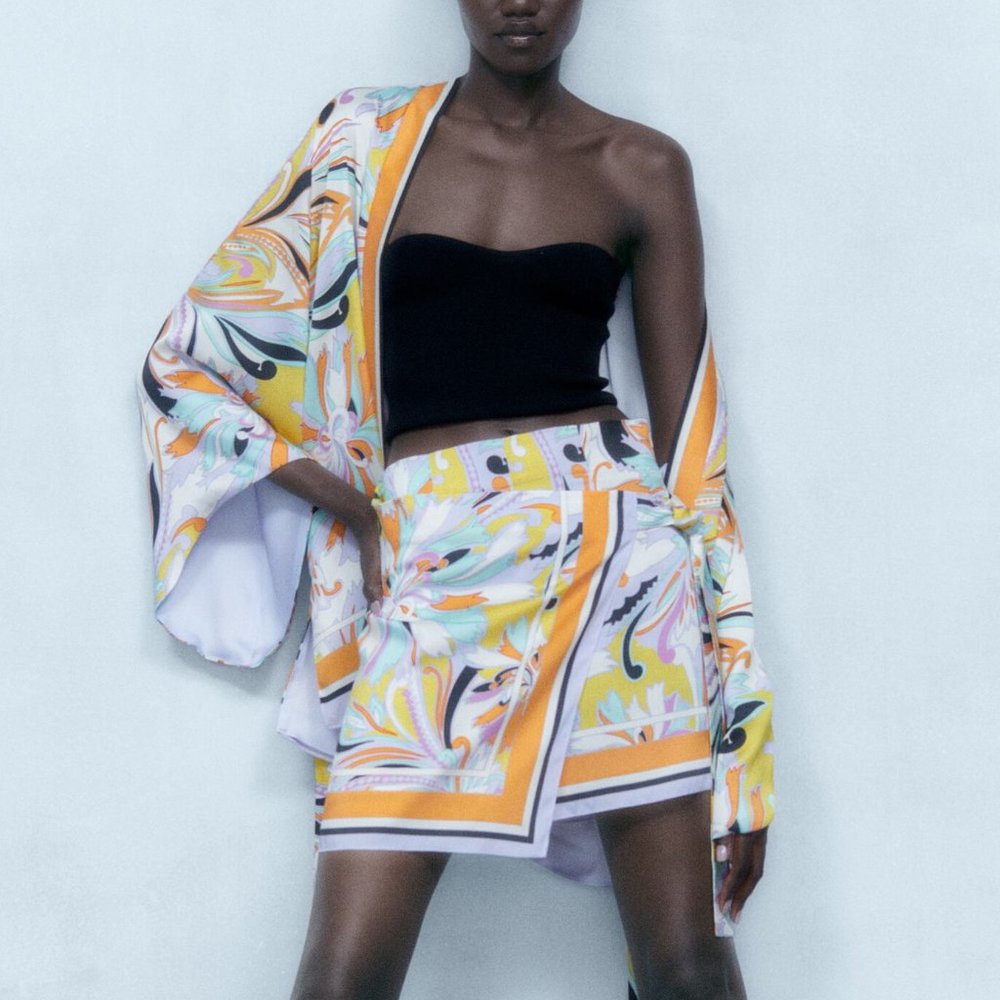 Zara Satin Printed Short Belted Kimono Skort 2 Pc Set